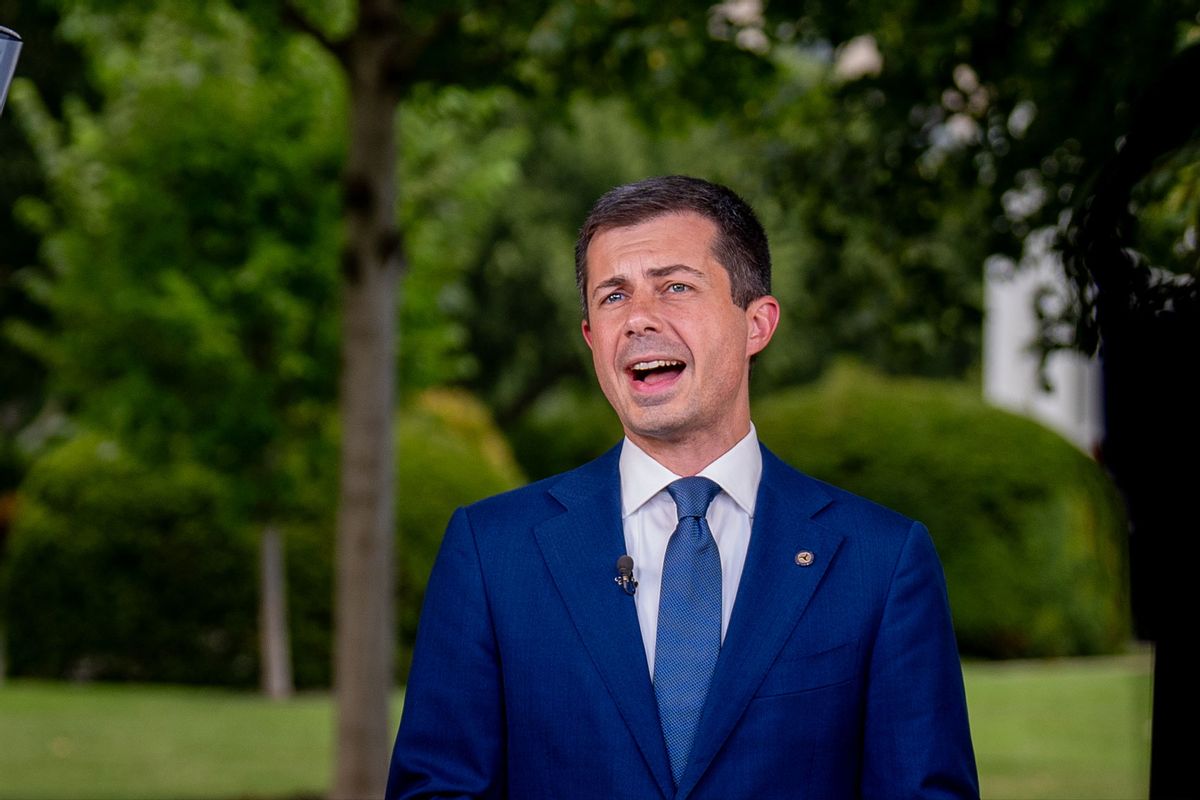 Transportation Secretary Pete Buttigieg speaks during an on camera interview on the North Lawn of the White House on July 23, 2024 in Washington, DC. (Andrew Harnik/Getty Images)