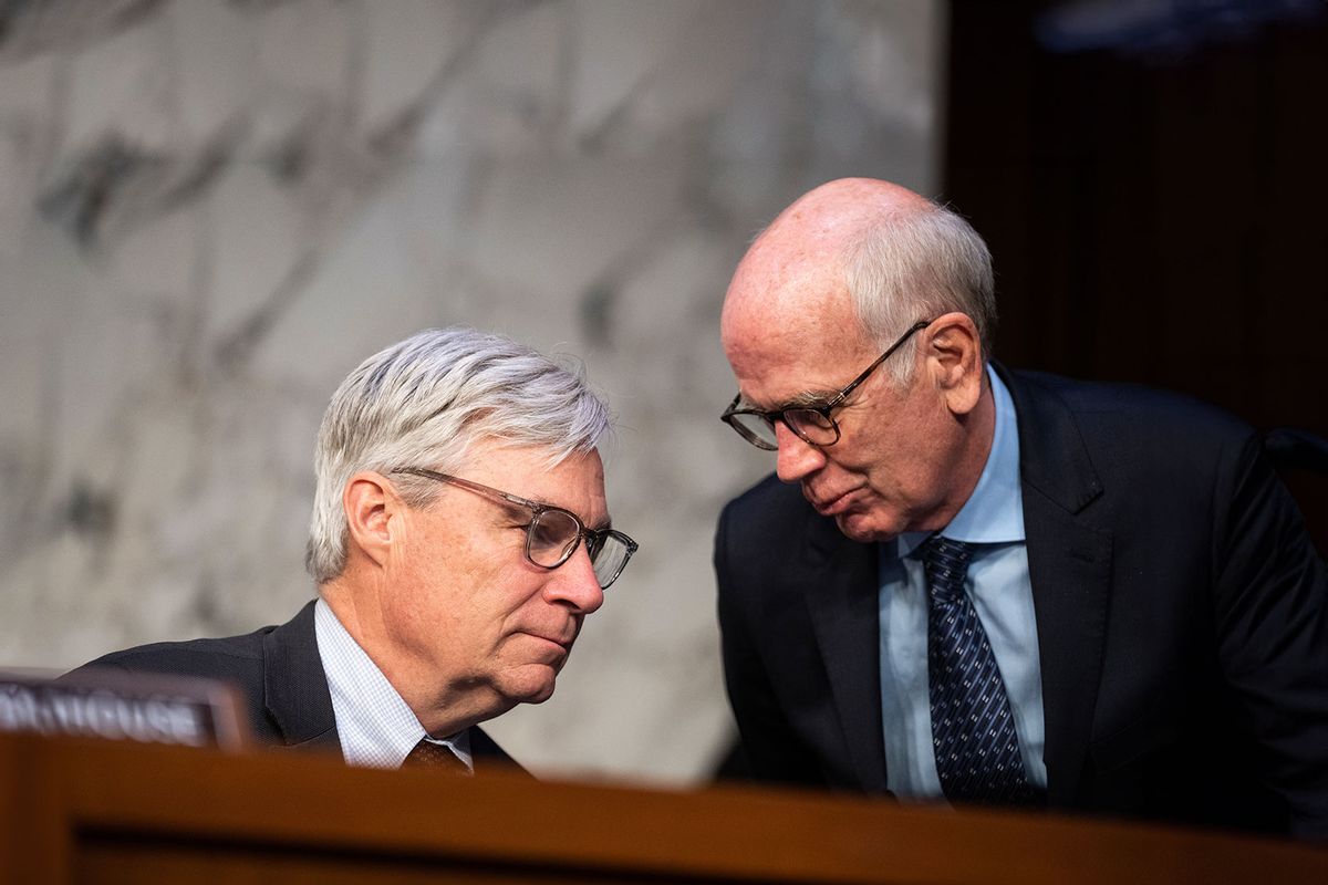 Sens. Sheldon Whitehouse, D-R.I., left, and Peter Welch, D-Vt., attend a Senate Judiciary Committee markup in Hart Building on Thursday, May 11, 2023. (Tom Williams/CQ-Roll Call, Inc via Getty Images)