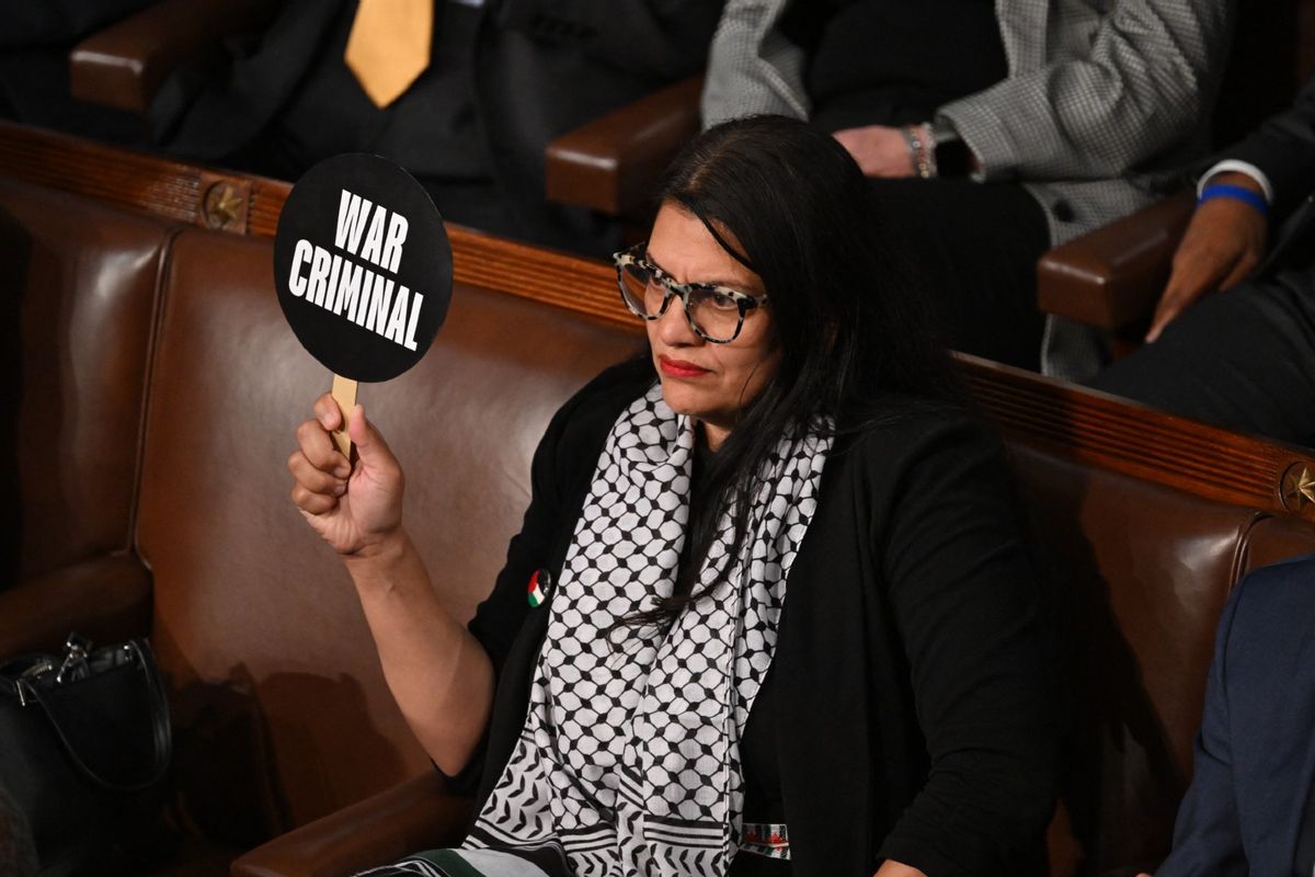 U.S. Representative Rashida Tlaib, Democrat of Michigan, protests during Israeli Prime Minister Benjamin Netanyahu's speech to a joint meeting of Congress at the US Capitol on July 24, 2024, in Washington, DC. (SAUL LOEB/AFP via Getty Images)