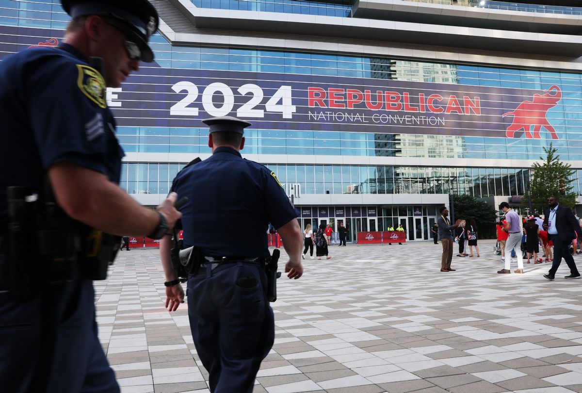 Police patrol outside Fiserv Forum as the Republican National Convention begins on July 15, 2024 in Milwaukee, Wisconsin.  (Spencer Platt/Getty Images)