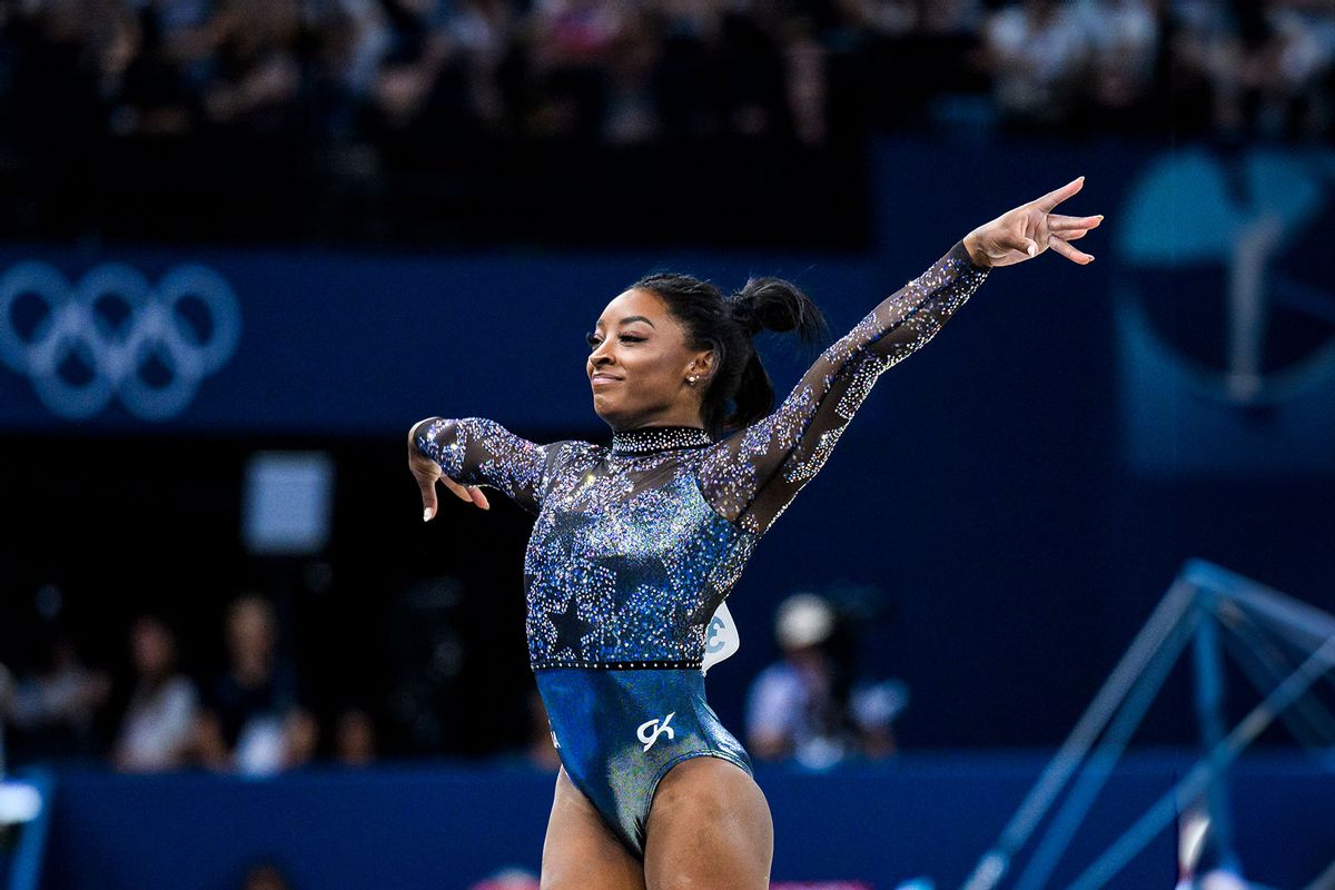 Simone Biles from Team United States competes on the floor exercise during day two of the Olympic Games Paris 2024 at the Bercy Arena on July 28, 2024 in Paris, France. (Tom Weller/VOIGT/GettyImages)