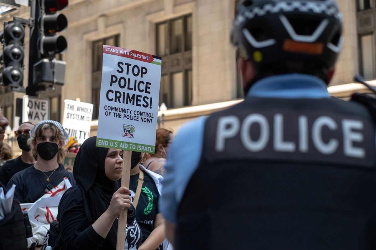 Demonstrators march in the streets of downtown Chicago to protest the police killing of Sonya Massey on July 27, 2024, in Chicago, Illinois. Massey was shot and killed by police in her home on July 6th after she called them about a possible intruder. (Jim Vondruska/Getty Images)