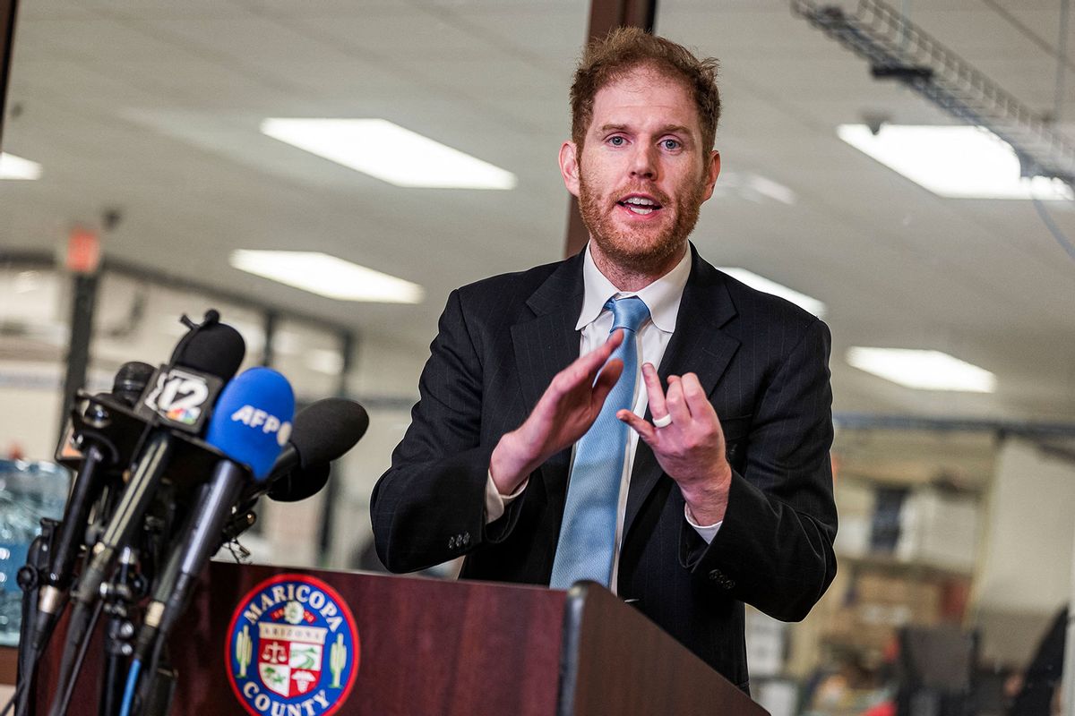 Maricopa County Recorder Stephen Richer speaks about voting machine malfunctions at the Maricopa County Tabulation and Elections Center (MCTEC) in Phoenix, Arizona, on November 9, 2022. (OLIVIER TOURON/AFP via Getty Images)