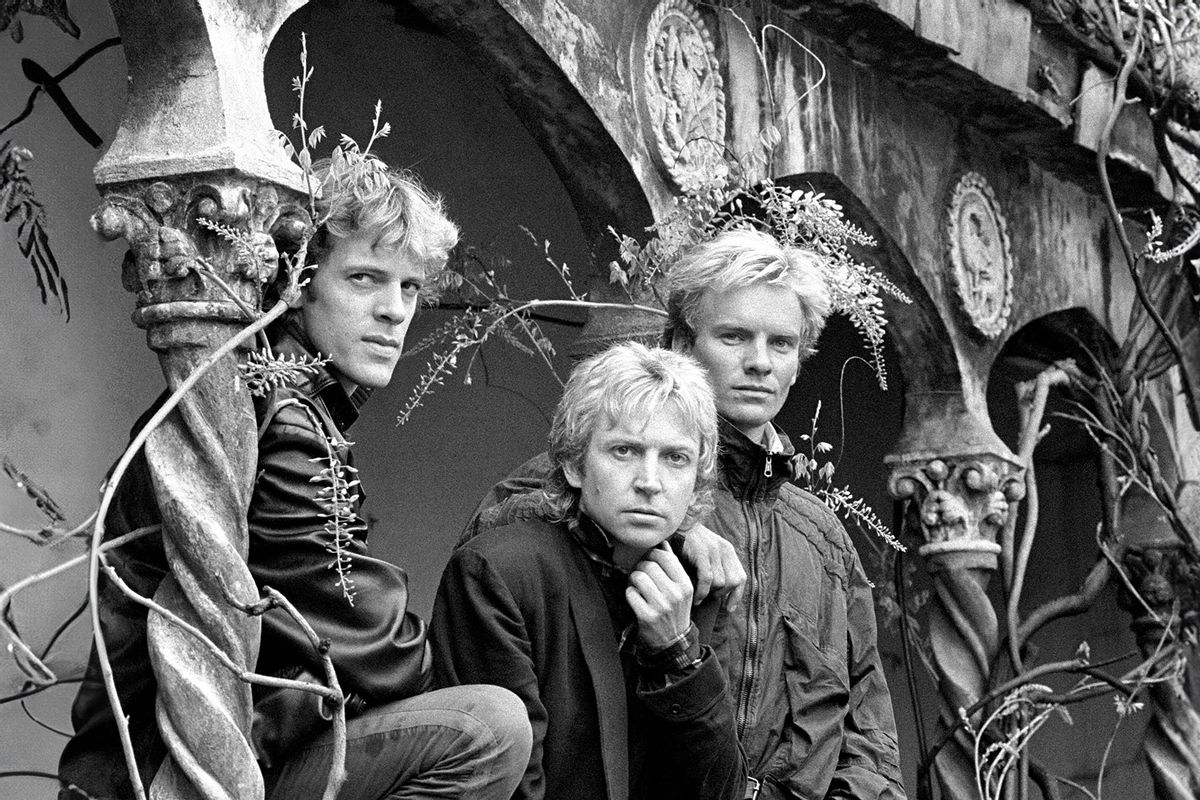 The Police, left to right, Stewart Copeland, Andy Summers and Sting in London launching their new single, 'Every Breath You Take', and their first album for over a year, 'Synchronicity', released on June 17th, 1983. (PA Images via Getty Images)