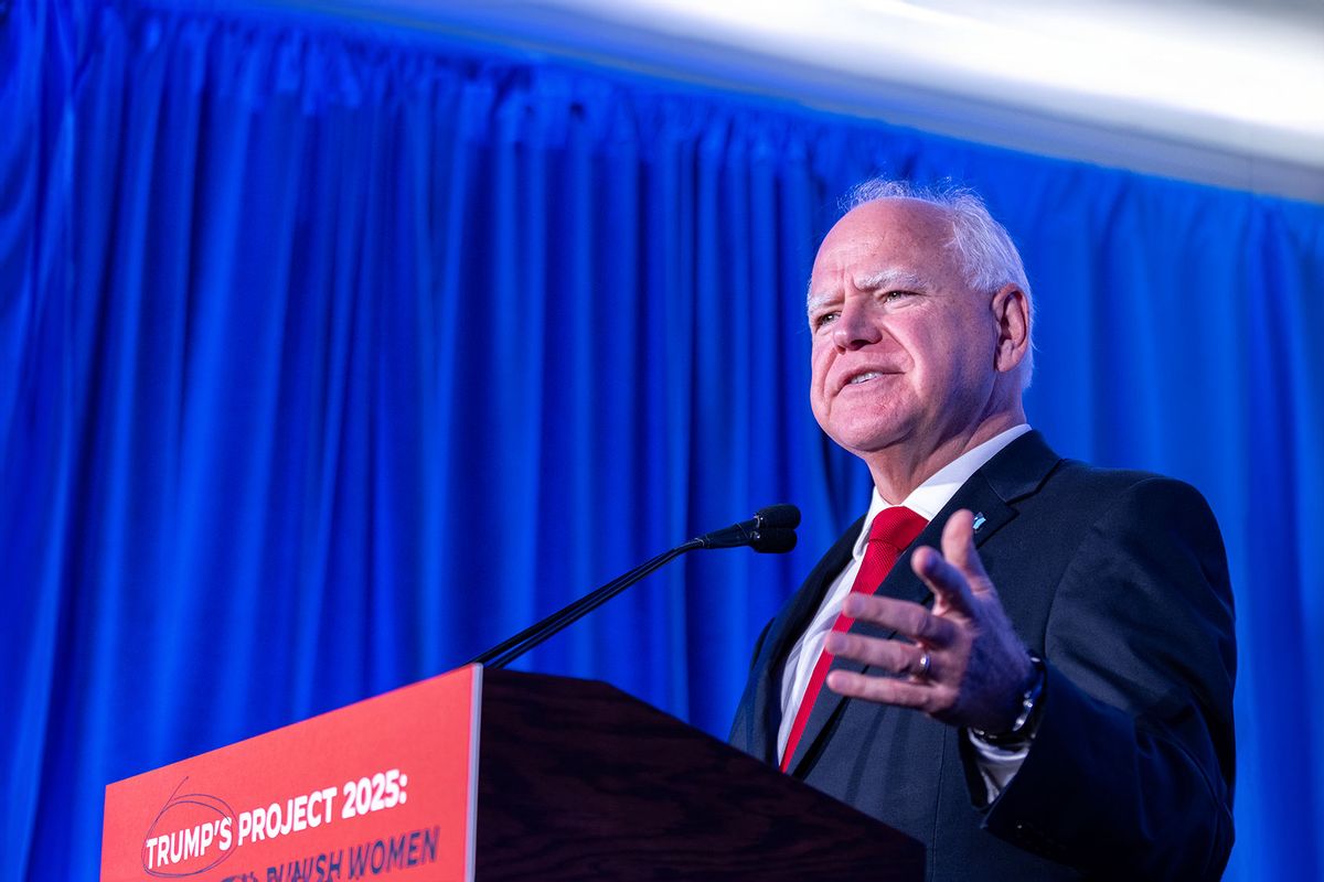 Minnesota Gov. Tim Walz speaks at a Biden-Harris campaign and DNC press conference on July 17, 2024 in Milwaukee, Wisconsin. (Jim Vondruska/Getty Images)