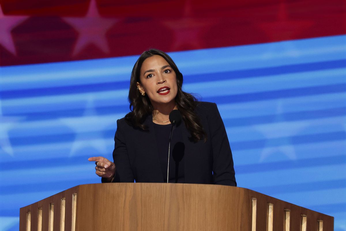 Rep. Alexandria Ocasio-Cortez (D-NY) speaks onstage during the first day of the Democratic National Convention at the United Center on August 19, 2024 in Chicago, Illinois. (Alex Wong/Getty Images)