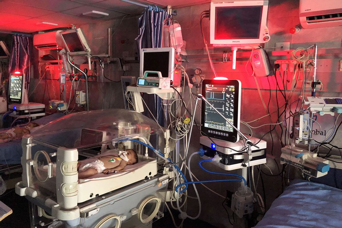 A baby is treated in an intensive care unit at Al-Awda Hospital as hospitals in Gaza run out of generator fuel due to Israeli attacks and blockade in Jabalia, Gaza on June 28, 2024. (Khalil Ramzi Alkahlut/Anadolu via Getty Images)