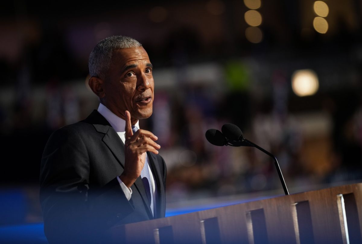 Former President Barack Obama speaks on stage during the second day of the Democratic National Convention at the United Center on August 20, 2024 in Chicago, Illinois. (Andrew Harnik/Getty Images)