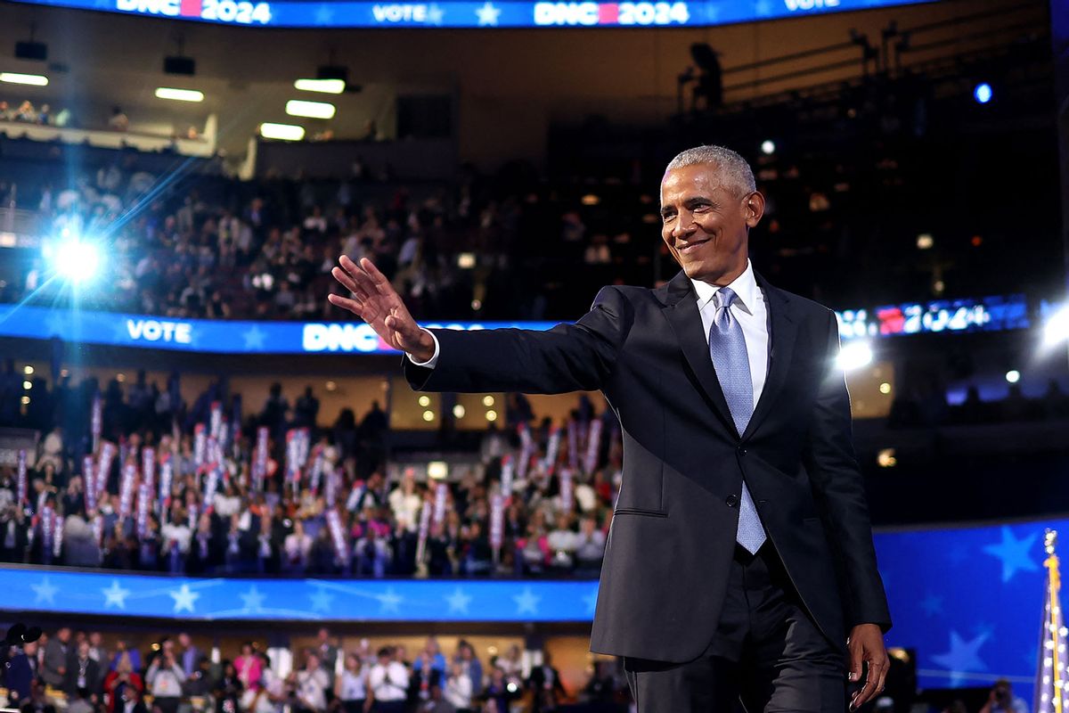 Former US President Barack Obama walks off stage after speaking on the second day of the Democratic National Convention (DNC) at the United Center in Chicago, Illinois, on August 20, 2024. (CHARLY TRIBALLEAU/AFP via Getty Images)