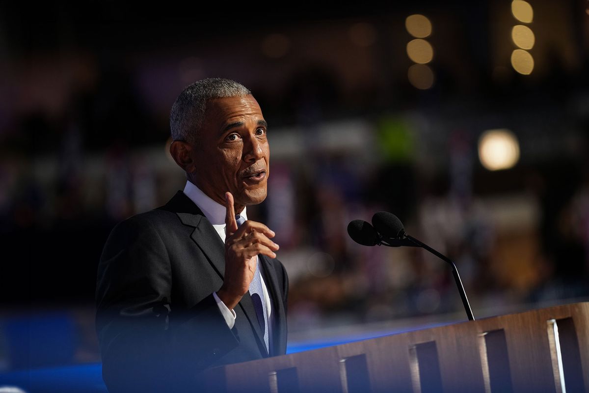 Former U.S. President Barack Obama speaks on stage during the second day of the Democratic National Convention at the United Center on August 20, 2024 in Chicago, Illinois. (Andrew Harnik/Getty Images)