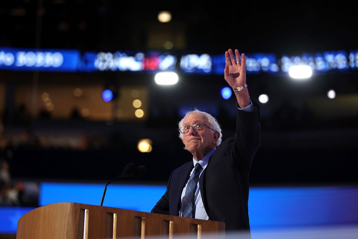 U.S. Sen. Bernie Sanders (I-VT) speaks on stage during the second day of the Democratic National Convention at the United Center on August 20, 2024 in Chicago, Illinois. (Justin Sullivan/Getty Images)