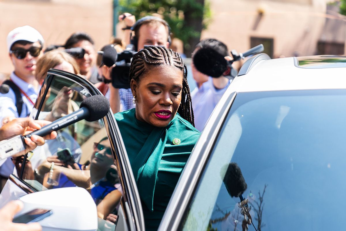 Rep. Cori Bush, D-Mo., leaves a meeting of the House Democratic Caucus about the candidacy of President Joe Biden at the Democratic National Committee on Tuesday, July 9, 2024. (Tom Williams/CQ-Roll Call, Inc via Getty Images)