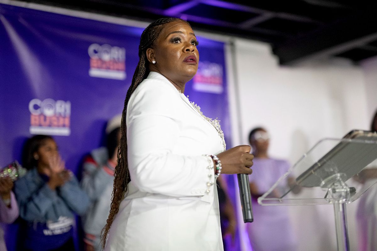 U.S. Rep. Cori Bush (D-MO) delivers her concession speech during a primary election watch party at Chevre Events on August 6, 2024 in St Louis, Missouri. (Michael B. Thomas/Getty Images)