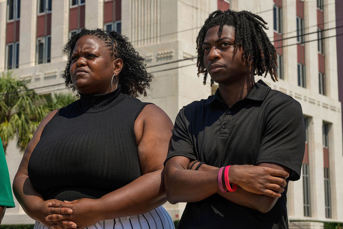 Darryl George,18, stands next to his mother, Darresha George in front of Galveston County Court House on Thursday, May 23, 2024, in Galveston, Texas. (Raquel Natalicchio/Houston Chronicle via Getty Images)