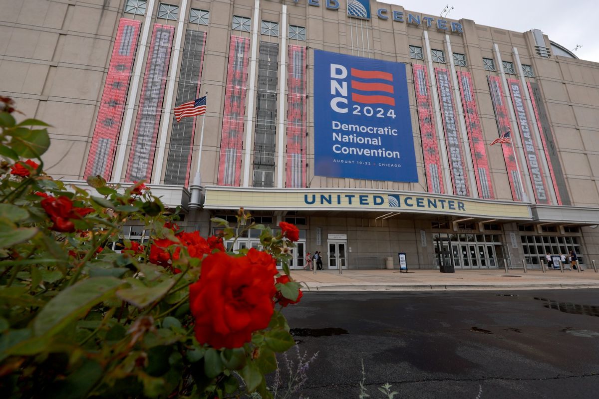 Workers prepare the United Center for the start of the Democratic National Convention (DNC) on August 15, 2024 in Chicago, Illinois.  (Joe Raedle/Getty Images)