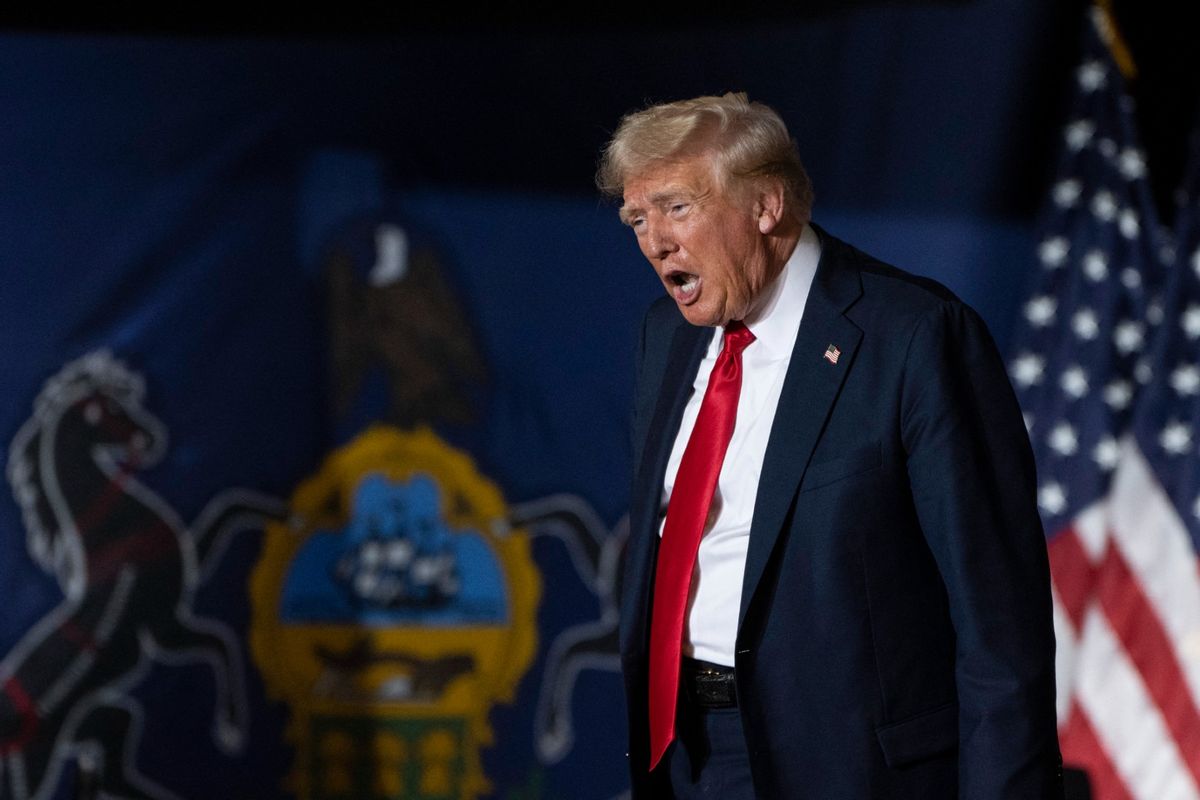 Former U.S. President and 2024 Republican presidential candidate Donald Trump reacts as he arrives at a campaign rally at the New Holland Arena in Harrisburg, Pennsylvania, on July 31, 2024.  (JOE LAMBERTI/AFP via Getty Images)