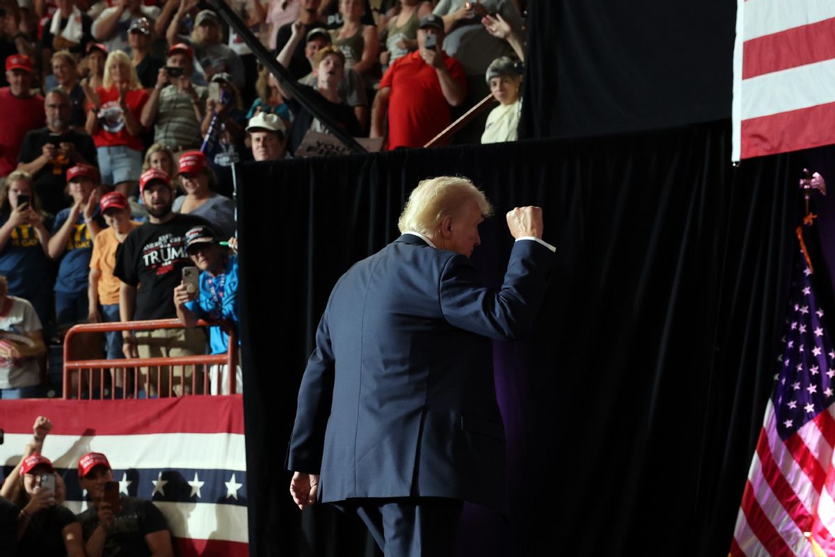 Former President Donald Trump walks off stage at a campaign appearance on July 31, 2024 in Harrisburg, Pennsylvania.  (Spencer Platt/Getty Images)