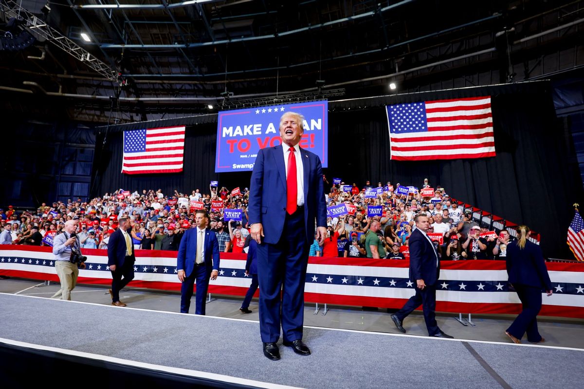 Republican presidential nominee, former U.S. President Donald Trump walks off the stage after speaking at a rally at the Brick Breeden Fieldhouse at Montana State University on August 9, 2024 in Bozeman, Montana. (Michael Ciaglo/Getty Images)