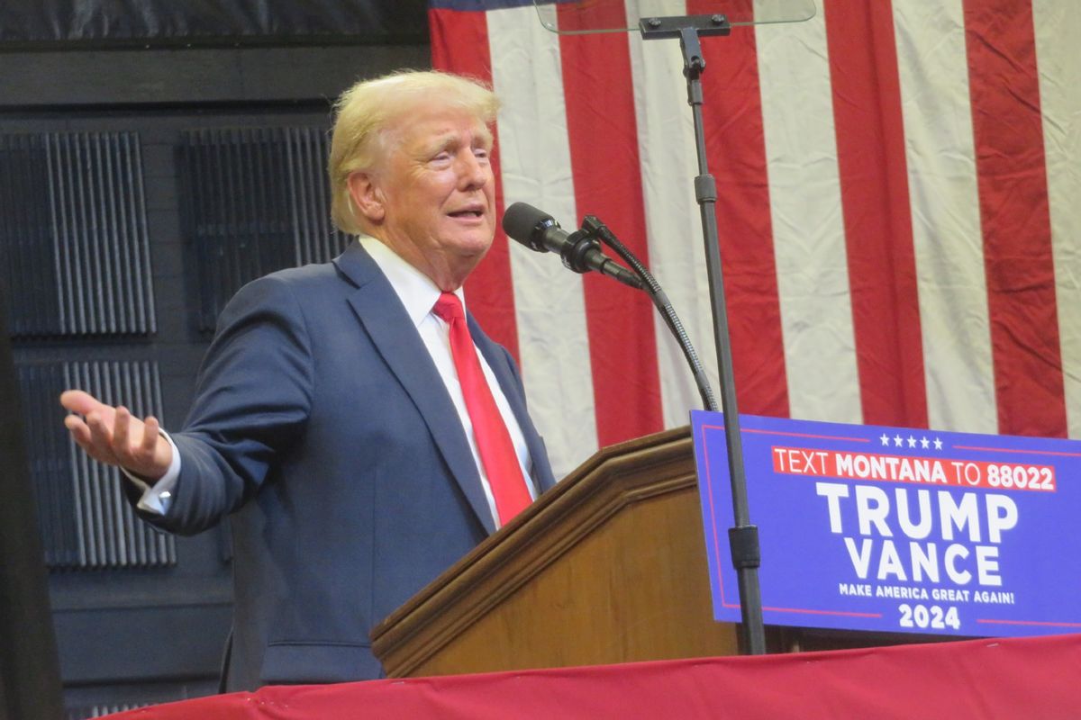 Republican presidential nominee, former U.S. President Donald Trump gives a speech at a rally at the Brick Breeden Fieldhouse at Montana State University in Bozeman, Montana, United States on August 9, 2024. (Brendan Gutenschwager/Anadolu via Getty Images)