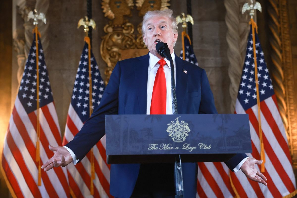 Republican presidential candidate former President Donald Trump speaks during a press conference at his Mar-a-Lago estate on August 08, 2024, in Palm Beach, Florida.  (Joe Raedle/Getty Images)