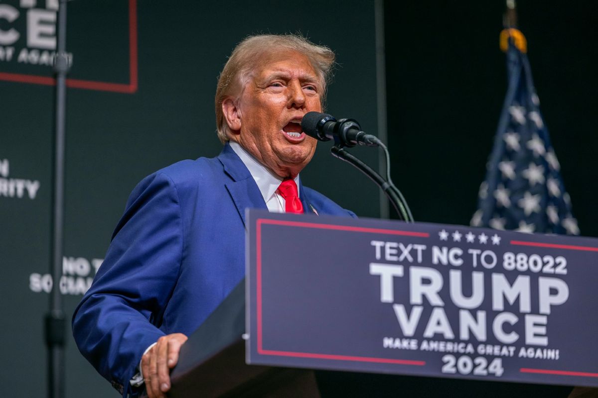 Republican presidential nominee former President Donald Trump speaks at a campaign event at Harrah's Cherokee Center on August 14, 2024, in Asheville, North Carolina. (Grant Baldwin/Getty Images)