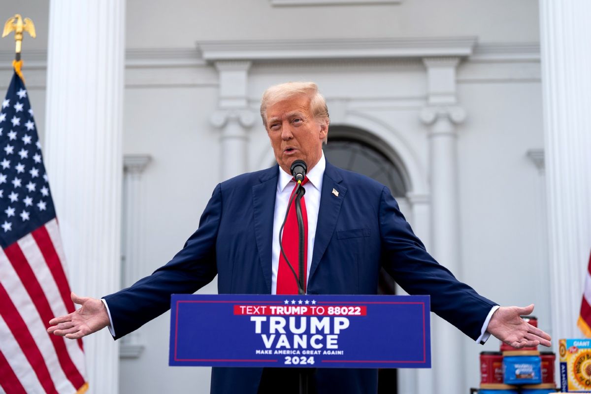 Republican presidential candidate, former U.S. President Donald Trump holds a news conference outside the Trump National Golf Club Bedminster on August 15, 2024 in Bedminster, New Jersey.  (Adam Gray/Getty Images)