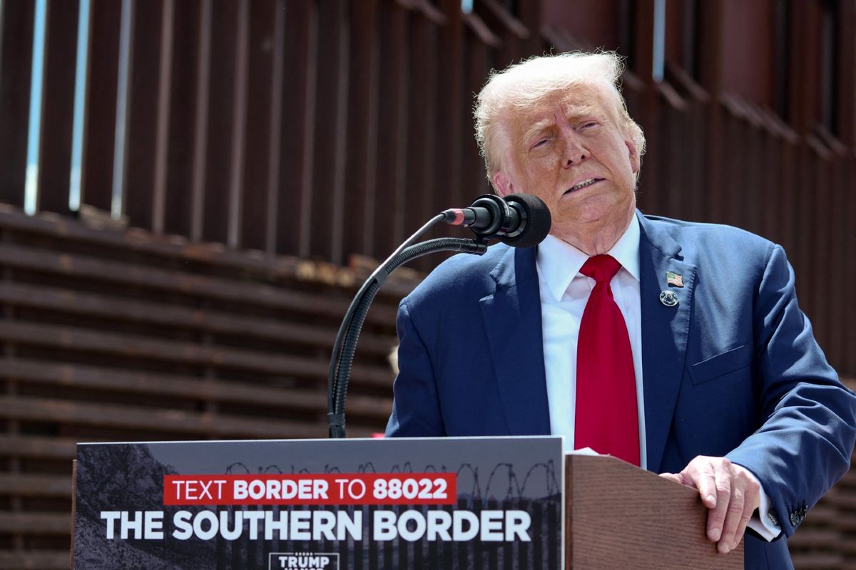 Former U.S. President and Republican presidential candidate Donald Trump speaks about immigration and border security near Coronado National Memorial in Montezuma Pass, Arizona, August 22, 2024. (OLIVIER TOURON/AFP via Getty Images)