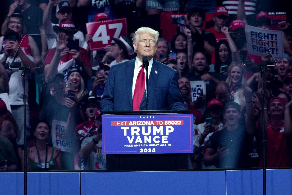 Former U.S. President and Republican presidential candidate Donald Trump speaks during a campaign rally at the Desert Diamond Arena in Glendale, Arizona, August 23, 2024.  (OLIVIER TOURON/AFP via Getty Images)