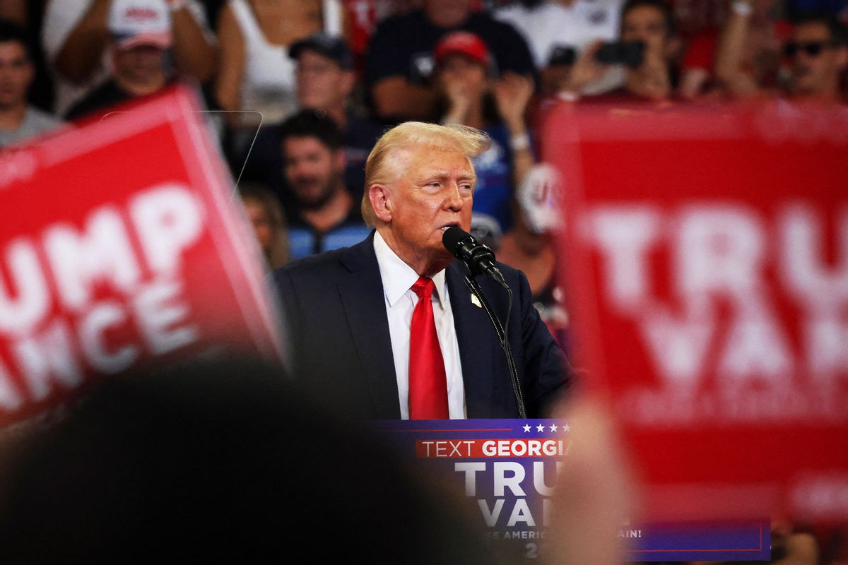 Former US President and 2024 Republican presidential candidate Donald Trump speaks during a campaign rally at the Georgia State University Convocation Center in Atlanta, Georgia, on August 3, 2024. (CHRISTIAN MONTERROSA/AFP via Getty Images)