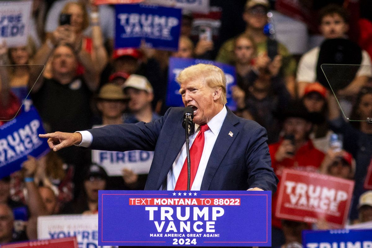 Former US President and Republican presidential candidate Donald Trump speaks during an election campaign rally in Bozeman, Montana, on August 9, 2024. (NATALIE BEHRING/AFP via Getty Images)