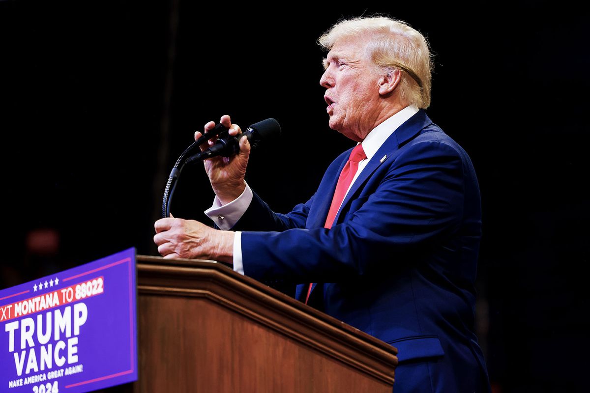 Republican presidential nominee, former U.S. President Donald Trump speaks at a rally at the Brick Breeden Fieldhouse at Montana State University on August 9, 2024 in Bozeman, Montana. (Michael Ciaglo/Getty Images)