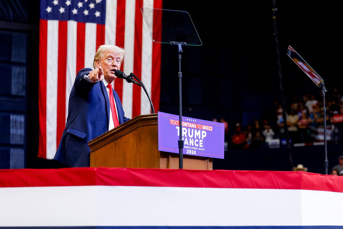 Republican presidential nominee, former U.S. President Donald Trump speaks at a rally at the Brick Breeden Fieldhouse at Montana State University on August 9, 2024 in Bozeman, Montana. (Michael Ciaglo/Getty Images)