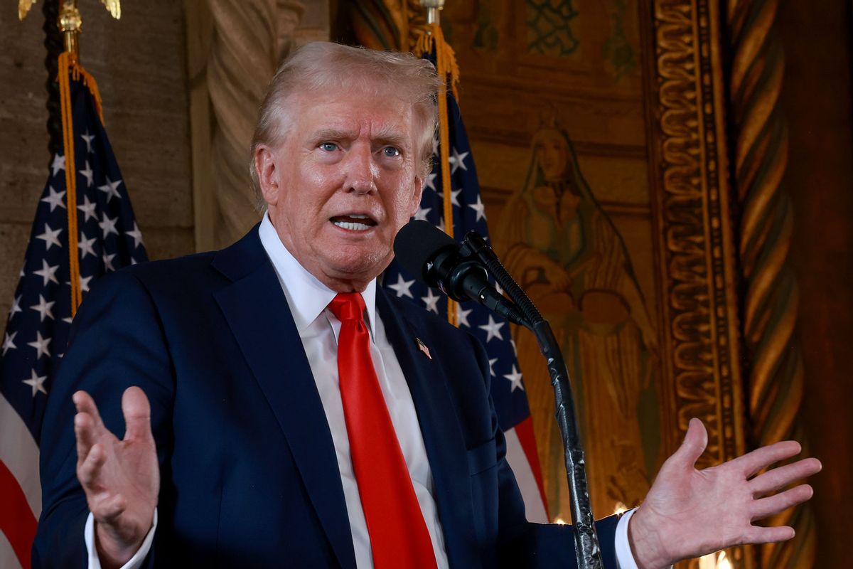 Republican presidential candidate former President Donald Trump speaks during a press conference at Mr. Trump's Mar-a-Lago estate on August 08, 2024, in Palm Beach, Florida. (Joe Raedle/Getty Images)