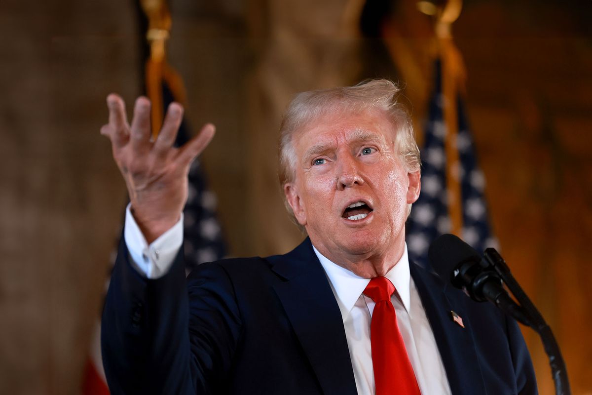 Republican presidential candidate former President Donald Trump speaks during a press conference at Mr. Trump's Mar-a-Lago estate on August 08, 2024, in Palm Beach, Florida. (Joe Raedle/Getty Images)