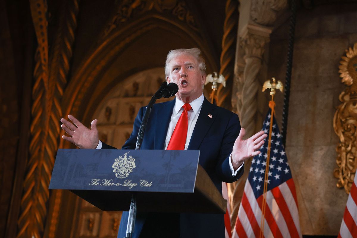 Republican presidential candidate former President Donald Trump speaks during a press conference at Mr. Trump's Mar-a-Lago estate on August 08, 2024, in Palm Beach, Florida. (Joe Raedle/Getty Images)