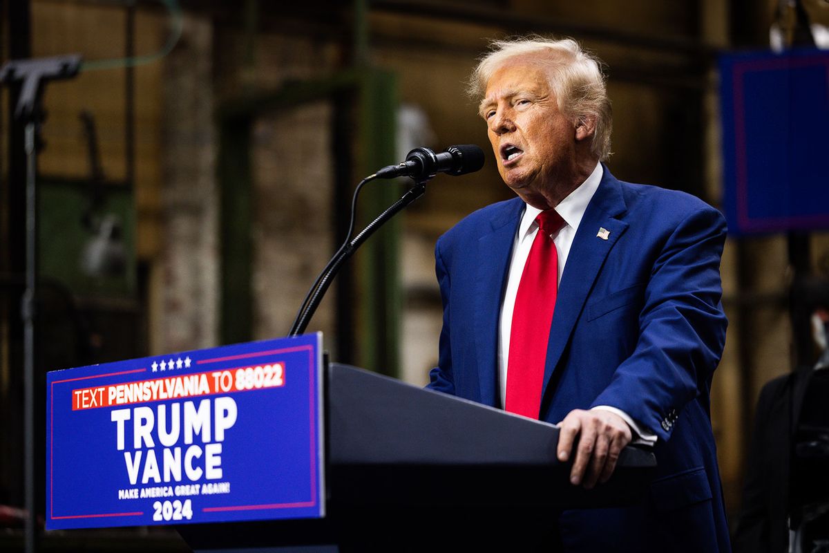 Republican Presidential nominee, former president Donald J. Trump remarks during a campaign event at Precision Custom Components on August 19, 2024 in York, Pennsylvania. (Tierney L. Cross/Getty Images)