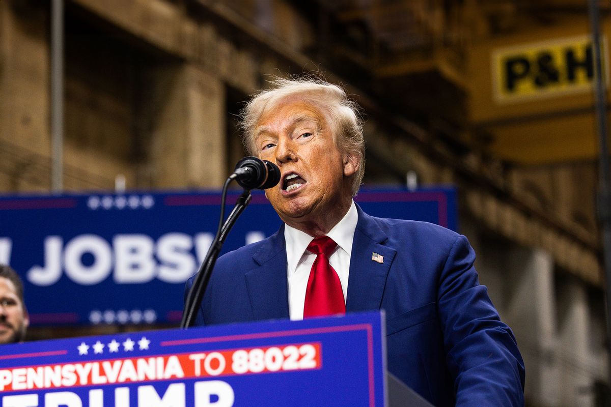 Republican Presidential nominee, former president Donald J. Trump remarks during a campaign event at Precision Custom Components on August 19, 2024 in York, Pennsylvania. (Tierney L. Cross/Getty Images)