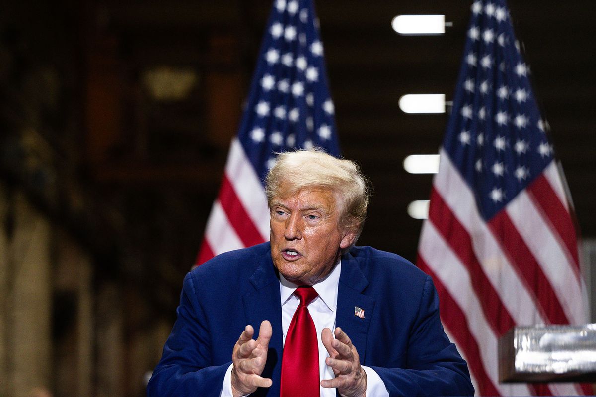 Republican Presidential nominee, former president Donald J. Trump remarks during a campaign event at Precision Custom Components on August 19, 2024 in York, Pennsylvania. (Tierney L. Cross/Getty Images)