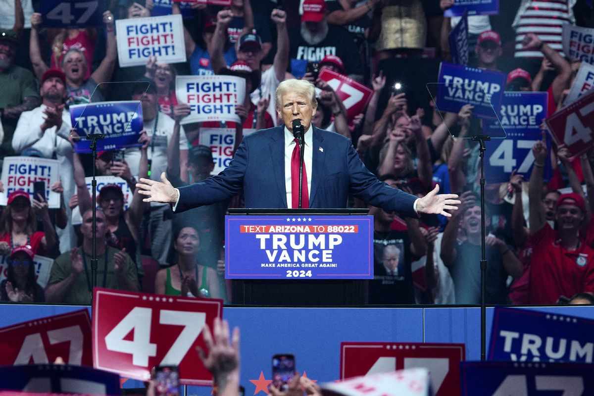 Former US President and Republican presidential candidate Donald Trump speaks during a campaign rally at the Desert Diamond Arena in Glendale, Arizona, August 23, 2024. (OLIVIER TOURON/AFP via Getty Images)