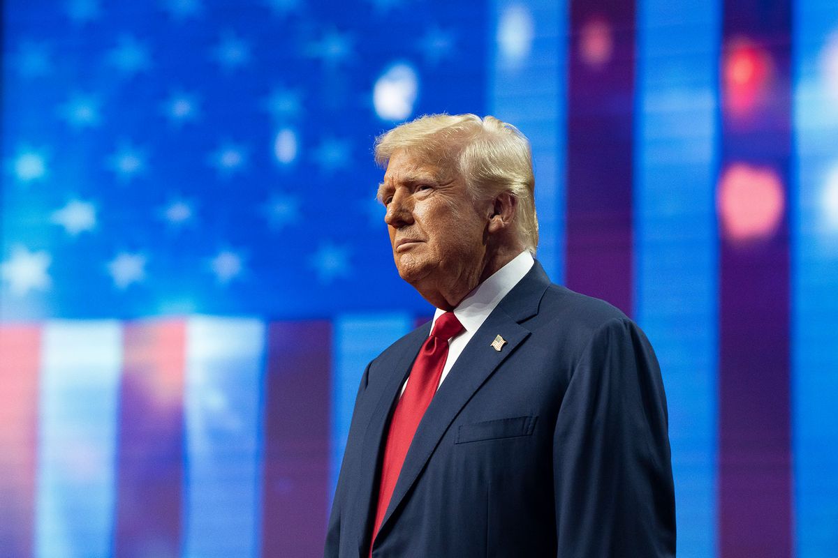 Republican presidential nominee, former U.S. President Donald Trump takes the stage during a campaign rally at Desert Diamond Arena on August 23, 2024 in Glendale, Arizona. (Rebecca Noble/Getty Images)