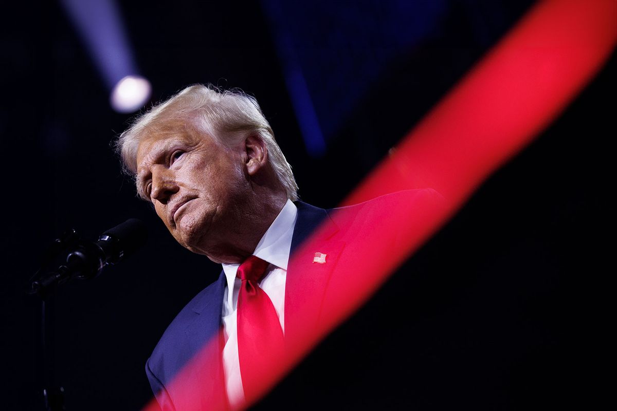 Republican presidential nominee Donald Trump speaks on stage during a campaign event at Desert Diamond Arena in Glendale, Arizona, on August 23, 2024. (Tom Brenner for The Washington Post via Getty Images)