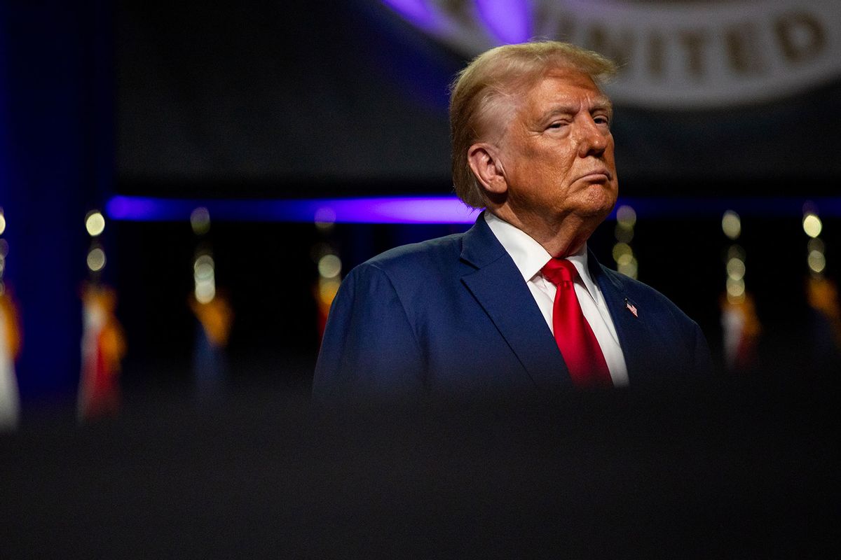 Republican presidential nominee, former U.S. President Donald Trump during the National Guard Association of the United States' 146th General Conference & Exhibition at Huntington Place Convention Center on August 26, 2024 in Detroit, Michigan. (Emily Elconin/Getty Images)