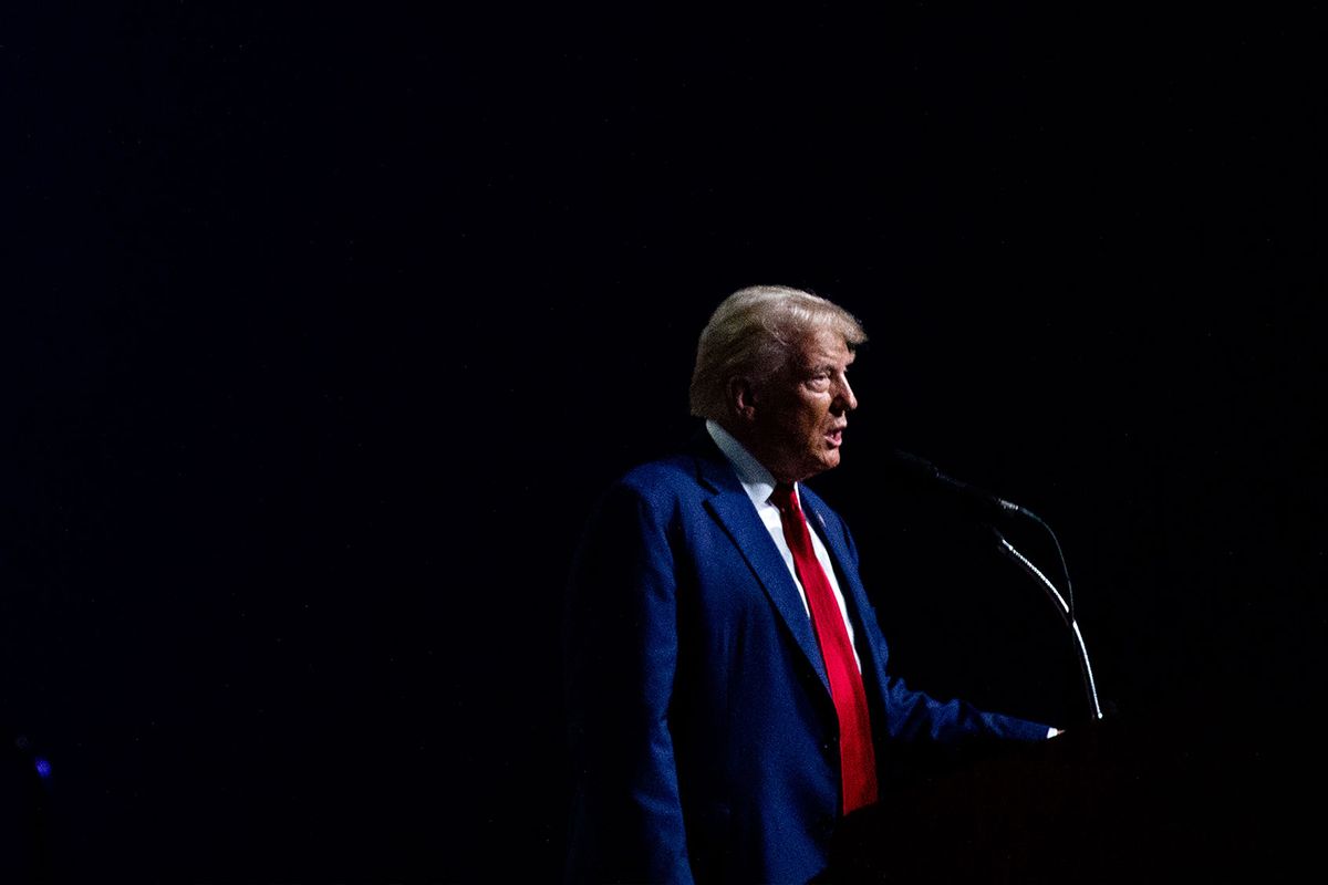 Republican presidential nominee, former U.S. President Donald Trump speaks during the National Guard Association of the United States' 146th General Conference & Exhibition at Huntington Place Convention Center on August 26, 2024 in Detroit, Michigan. (Emily Elconin/Getty Images)