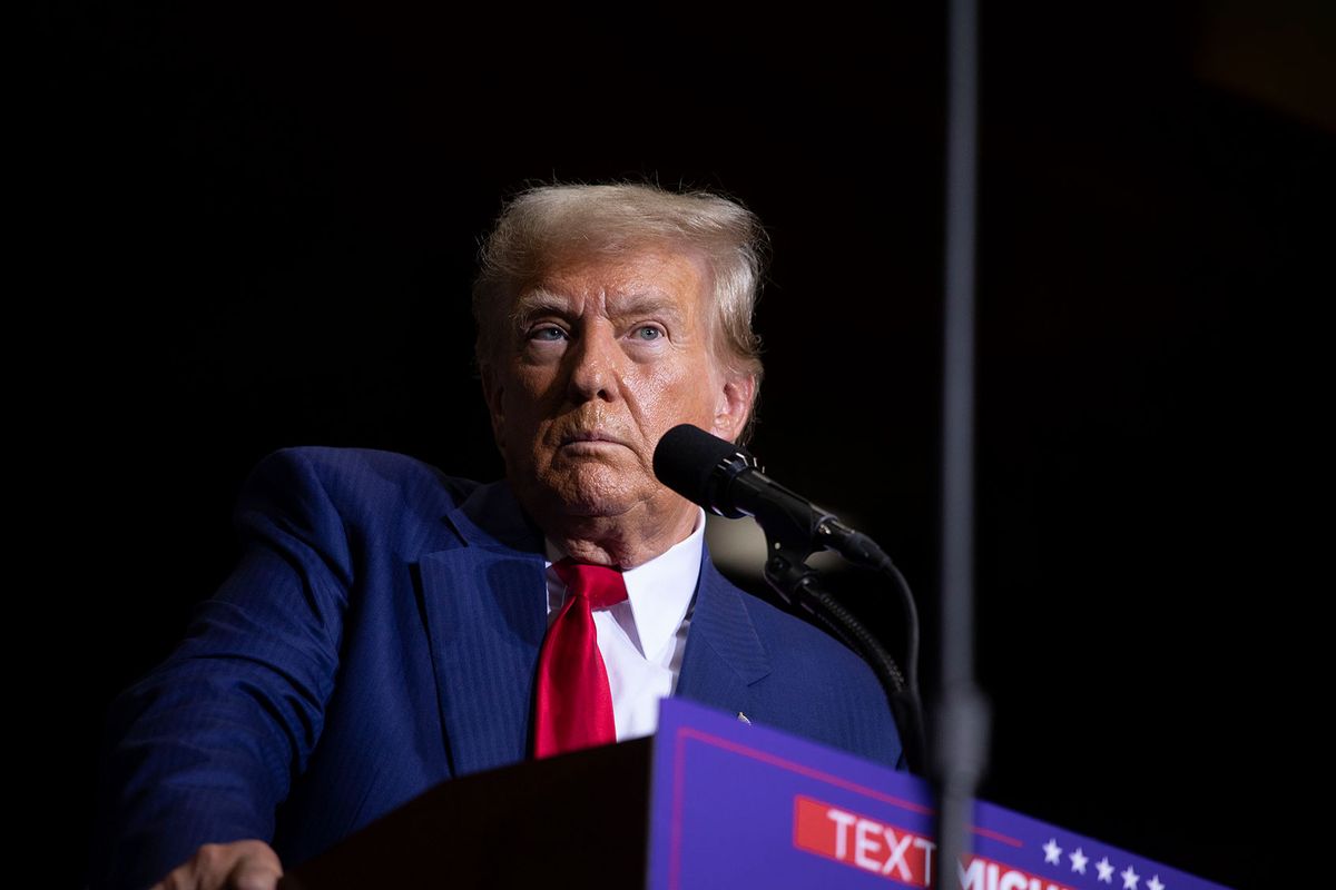 Former U.S. President and current Republican Presidential nominee Donald Trump speaks about the economy, inflation, and manufacturing during a campaign event at Alro Steel on August 29, 2024 in Potterville, Michigan. (Bill Pugliano/Getty Images)