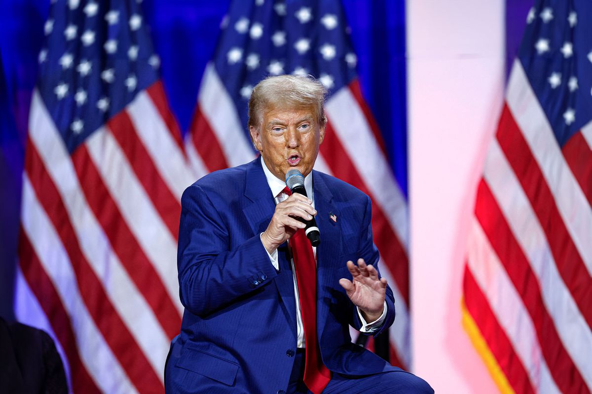 Former US President and Republican presidential candidate Donald Trump speaks during a town hall meeting at La Crosse Center in La Crosse, Wisconsin, on August 29, 2024. (KAMIL KRZACZYNSKI/AFP via Getty Images)