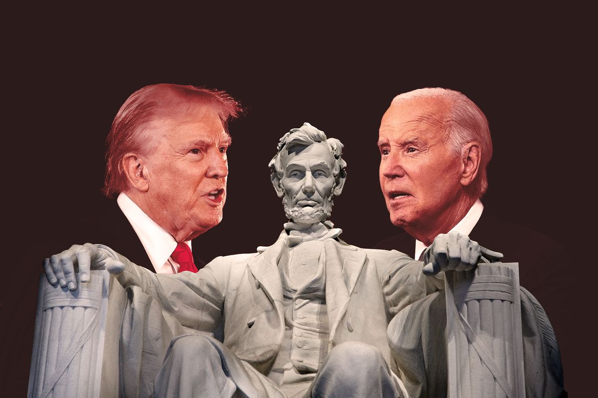 Donald Trump, Joe Biden and the Abraham Lincoln Memorial (Photo illustration by Salon/Getty Images)