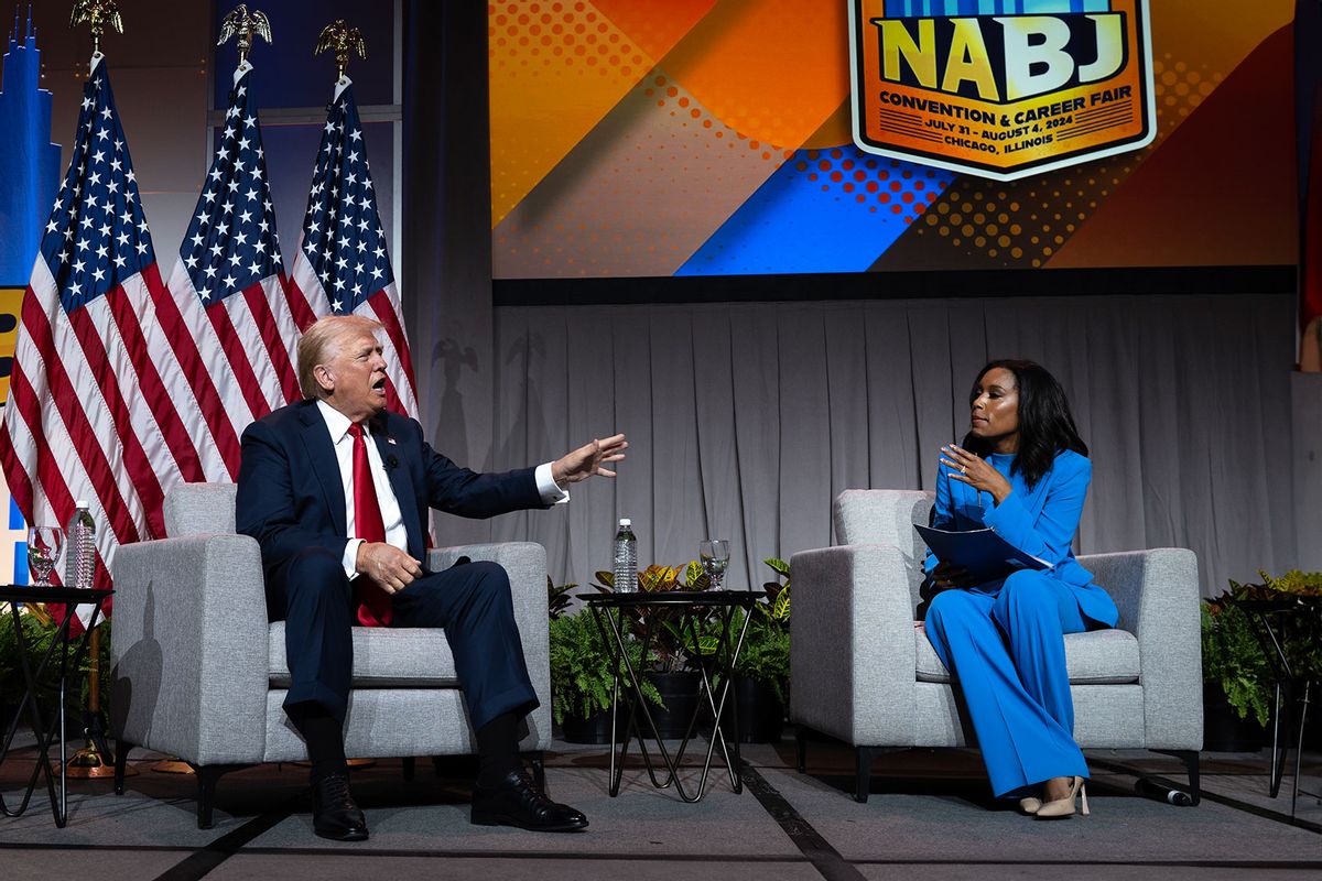 Republican presidential candidate former President Donald Trump speaks with Rachel Scott, senior congressional correspondent for ABC News during a question and answer session at the National Association of Black Journalists (NABJ) convention at the Hilton Hotel on July 31, 2024 in Chicago, Illinois. (Scott Olson/Getty Images)