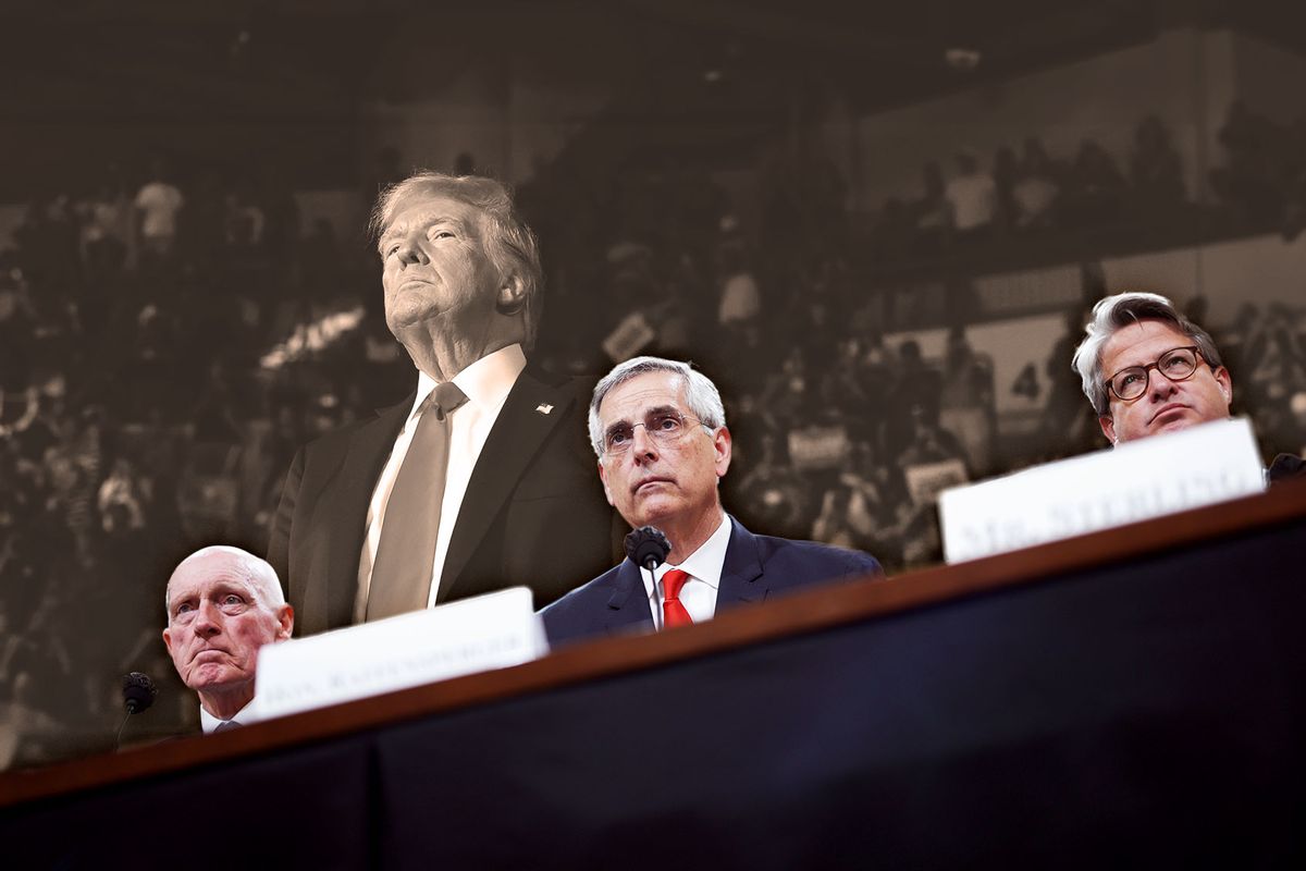 Donald Trump | Rusty Bowers, Arizona House Speaker, Brad Raffensperger, Georgia Secretary of State, and Gabriel Sterling, Georgia Secretary of State Chief Operating Officer. (Photo illustration by Salon/Getty Images)