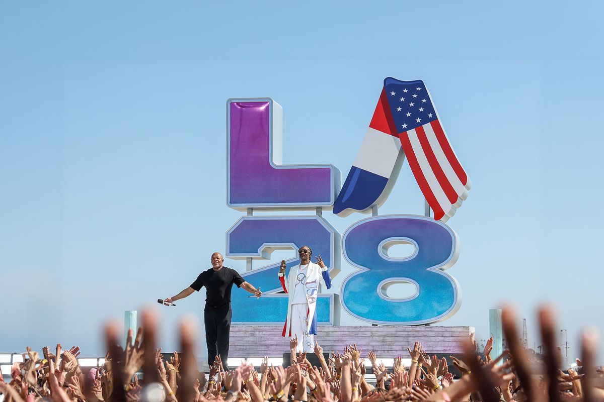 Dr. Dre and Snoop Dogg perform at the LA28 Olympic Games Handover Celebration. (Kevin Mazur/Getty Images for LA28)