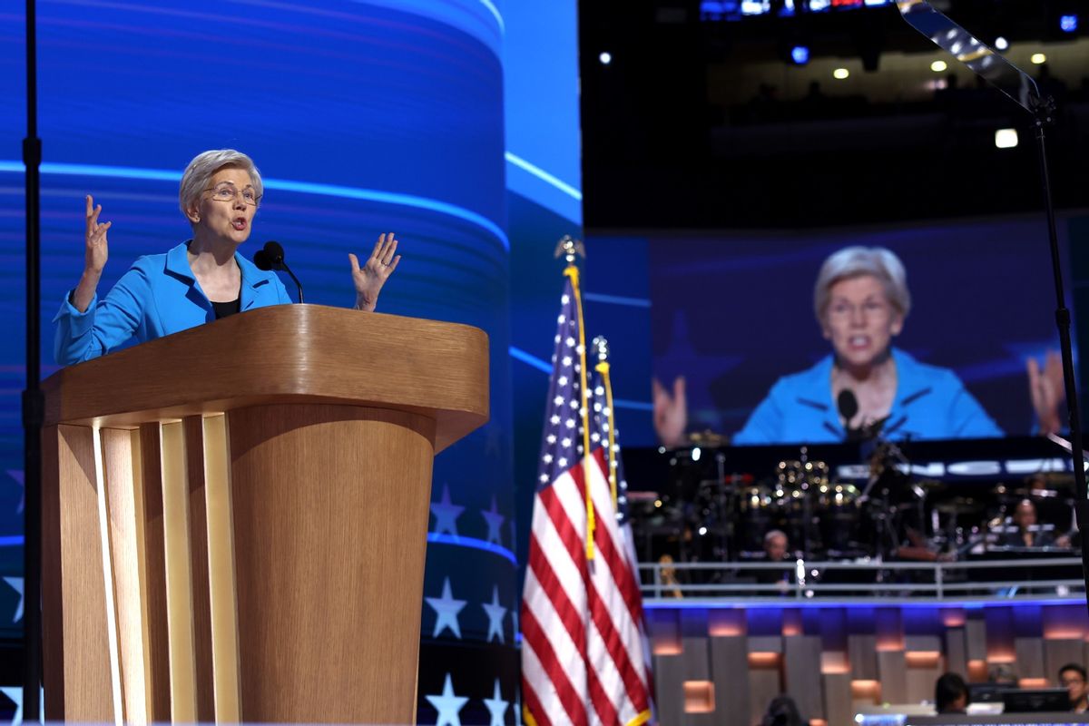 U.S. Sen. Elizabeth Warren (D-MA) speaks on stage during the final day of the Democratic National Convention at the United Center on August 22, 2024 in Chicago, Illinois. (Justin Sullivan/Getty Images)